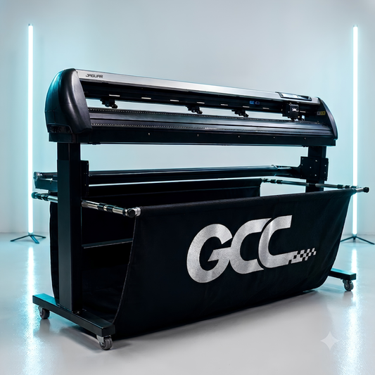 GCC Jaguar V LX cutting plotter with stand and media basket, sold by DK Distributing